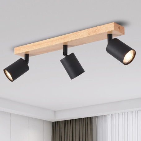 ANWIO Plafonnier Spots, 3 Spots de Plafond Led Intérieurs Base GU10, Luminaires Intérieur Noirs avec Base Rectangulaire en Bois,
