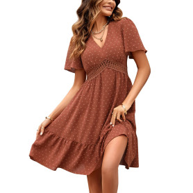 JENJON Femme Robe de Eté Col en V Elégant Pois Volants Taille Haute Manches Courtes/Longues Décontractée A-Ligne Mini Robes