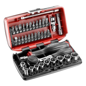 FACOM - Coffret compact de serrage et vissage NANO, 38 pièces, Set de douilles 6 Pans 1/4" avec Cliquet à manche rotatif, R.360N