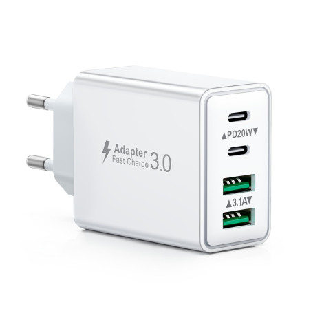 Chargeur USB C, 40W 4 Port Prise Chargeur Rapide USB C, Multiple Secteur Double PD+QC 3.1A Type C Adaptateur pour iPhone 16 15 1