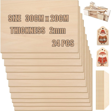 KAHEIGN 24 Pièces Feuilles de Bois de Balsa, 300 x 200 x 2mm Feuilles de Contreplaqué Non Finies Panneau de Tilleul Lisse pour M