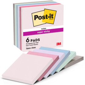 Post-it Notes Autocollantes Super Sticky, Couleurs Soulful, Pack de 6 Blocs, 90 Feuilles par Bloc, 76 mm x 76 mm - Feuillets Sup