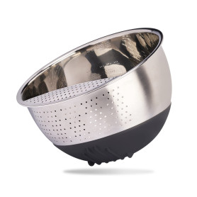 Reishunger Cuvette à riz en acier inoxydable (noir) - Passoire pour le lavage du riz et des légumes - Avec pied en silicone anti