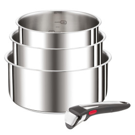 Tefal Ingenio Lot de 4 pièces, Casseroles 16/18/20 cm + 1 poignée amovible, Induction, Acier inoxydable, Empilable, Gain de plac