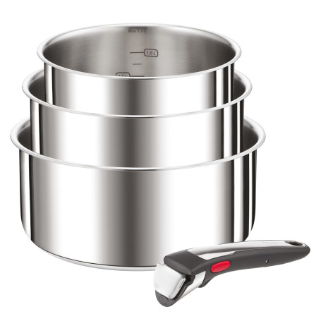 Tefal Ingenio Lot de 4 pièces, Casseroles 16/18/20 cm + 1 poignée amovible, Induction, Acier inoxydable, Empilable, Gain de plac
