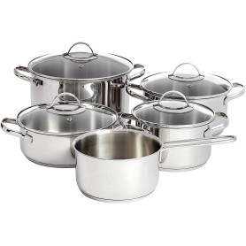 Amazon Basics Batterie de Cuisine à Induction en Acier Inoxydable, 9 Pièces, Casserole avec Couvercle, Cocotte