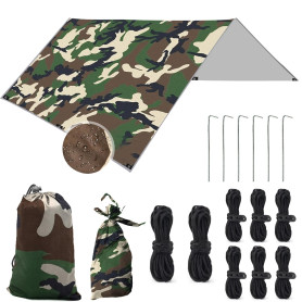 LOVICVKEM 3x3M Camping Bâche, Tarp Ultra Léger, Tarp Bivouac Anti UV Ripstop, avec Oeillets, 6 Piquets en alu, 6 Cordes, pour Bi