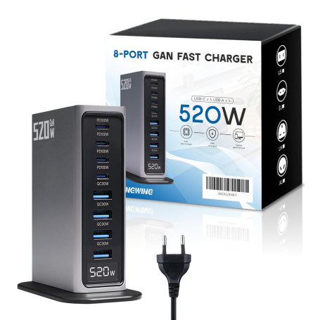 Station de Recharge Rapide GaN 520 W avec 8 Ports pour chargeurs USB-C, Alimentation PD 100 W pour MacBook Pro/Air, iPad, iPhone