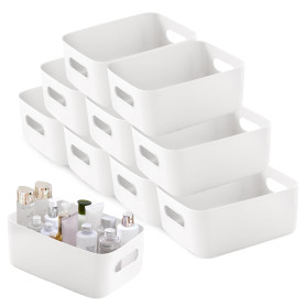 SHEPIN Lot de 10 grandes boîtes de rangement en plastique - Blanc - 30 x 20 x 12 cm - Avec poignée - Pour salle de bain et cuisi