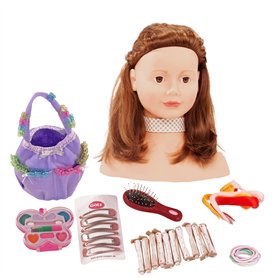 Götz 1192053 postiche aux Cheveux Bruns et aux Yeux Marrons - tête de Coiffure et de Maquillage de 28 cm de Haut en Set de 57 pi
