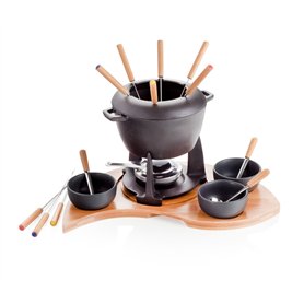Brandani 59203 Service à Fondue en Fonte Mezzaluna avec Support Bambou Set de 17 Pièces