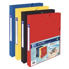Oxford Lot De 4 Boites Capacité Standard Top File+ 24x32cm Dos 25mm avec Elastique Couverture Carte Coloris Assortis
