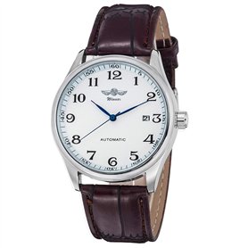 Gute Classic Winner Montre mécanique pour homme avec cadran blanc et aiguilles bleues - Bracelet en polyuréthane - Remontage aut