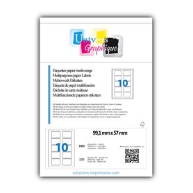 1000 étiquettes 99.1 mm x 57 mm - planche de 10 étiquettes - autocollantes - 100 feuilles A4 - -Marque UNIVERS GRAPHIQUE REF UGE