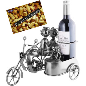 BRUBAKER - Porte-Bouteille de vin - Couple & Chien à Moto Side-Car - Sculpture en Métal - Carte de voeux INCL. - Idée Cadeau Ori