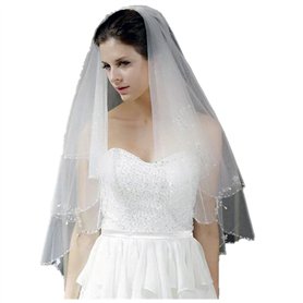 LianShi voile de mariée nuptiale multi-niveaux décorée de paillettes et perles 70CM (Blanc beige) LianShi voile de mariée nuptiale multi-niveaux décorée de paillettes et perles 70CM (Blanc beige)