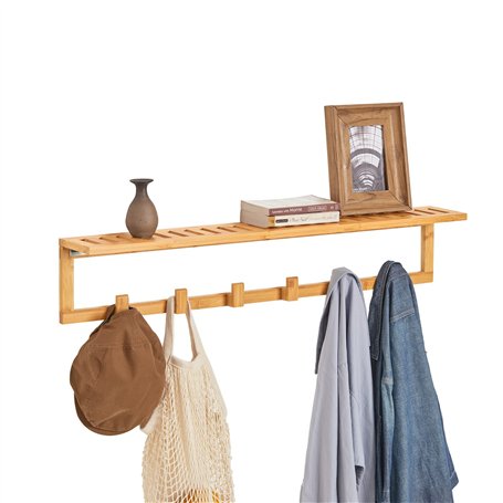SoBuy FHK06-N Étagère Porte-Serviette Porte-Manteau Mural Penderie Patère Murale en Bambou avec Étagère et 6 Crochets - L90 x P1