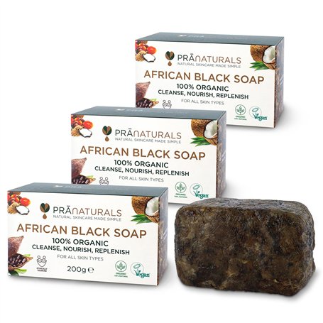 PraNaturals Savon Noir Africain Bio 100% Biologique 3x 200g