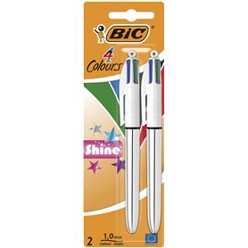 BIC 950639 4 Colours Shine Lot de 2 Stylos Bille 1 mm corps Argent
