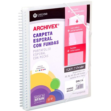 Classeur à spirale kangourou 20 pochettes en polypropylène DIN A4 + enveloppe + élastique de fermeture transparente