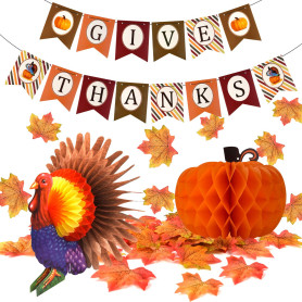 FEPITO Donner Merci Bannière avec Papier Coloré Citrouille De Dinde Artificielle Feuilles D'érable Décoration Kit Total 203 PCS