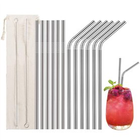 12 pailles en acier inoxydable, pailles métalliques réutilisables avec 2 pinceaux de nettoyage pour smoothies, milkshake, cockta 12 pailles en acier inoxydable