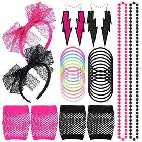 Kulannder Femmes 80s Neon Lace Bracelet Boucles d'oreilles Gants en Résille Collier Bracelet pour Retro Fashion Années 80 Costum