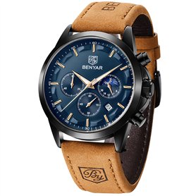 BENYAR Montre Homme Chronographe 30M Etanche Lumineuse Classique Mode Montres Bracelet en Cuir Grand Cadran Date Analogique Quar