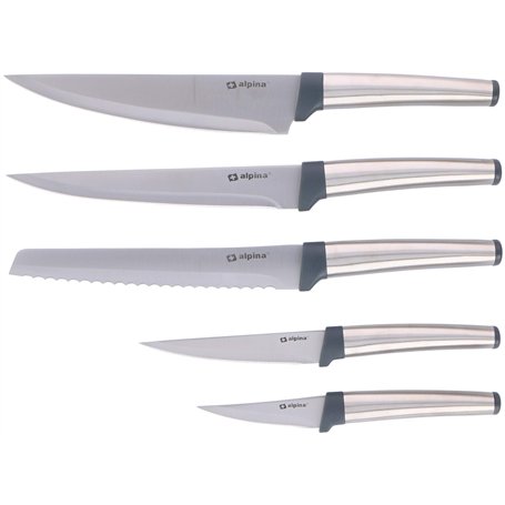 alpina Set de Couteaux 5 Pièces : Comprenant un Couteau à Pain et un Couteau de Chef - Inox/Polypropylène