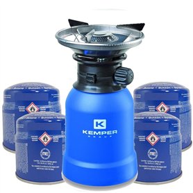 Réchaud gaz 2200W Coque ABS Piezo + 4 cartouches de gaz 190gr KEMPER