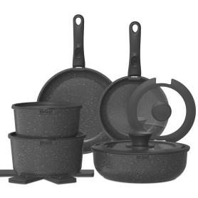 YASHE Batterie de Cuisine 15 Pièces, Poêles et Casseroles avec Revêtement Antiadhésif Effet Granit, Poignées Amovibles, Empilabl