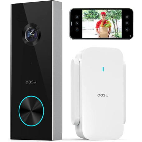AOSU Sonnette sans Fil avec Camera 2K HD Sonnette avec Camera 166° Sonnettes WiFi sans Fil Exterieur Etanche- Détection de Perso
