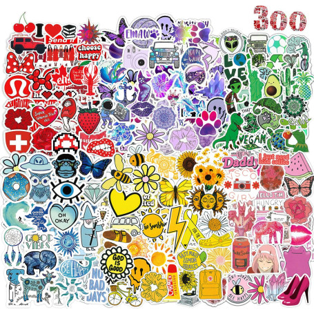 Autocollant 300 Pcs Jolie Colorés Stickers, Imperméable Vinyle Decoration Autocollant pour Scrapbooking Valise Ordinateur Portab
