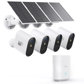 AOSU 3K Caméra de Surveillance WiFi Extérieure sans Fil Solaire, Base + 4 Caméras, Autonomie de 365j, 1920p, Étanchiété IP67, Vi