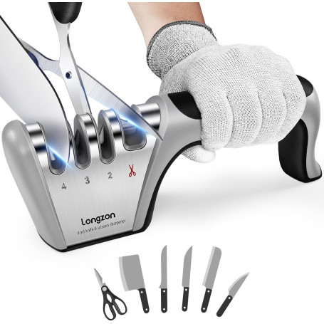 longzon Aiguiseur Couteaux, 4 en 1 Affuteur Couteau Professionnel avec une paire de Gants Anti-coupure, eguiseur de couteau pour
