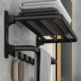 Porte-Serviettes sans perçage - Noir - Porte Serviettes de Salle de Bain - Montage Mural - avec 5 Crochets pour Serviettes de Ba