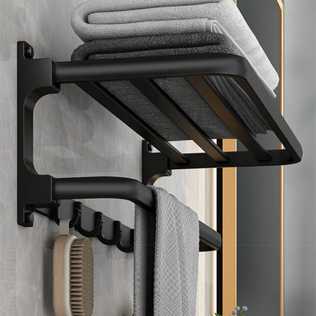 Porte-Serviettes sans perçage - Noir - Porte Serviettes de Salle de Bain - Montage Mural - avec 5 Crochets pour Serviettes de Ba
