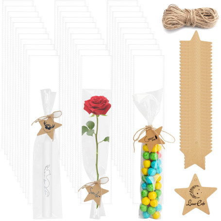 100 Sacs en Plastique OPP, 31*7 cm Sac en Cellophane pour Bougie/Confiserie/Bijou, Sachet en Cellophane avec 100 Étiquettes d'ét