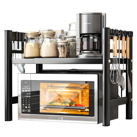 VIPNAJI 2 Niveaux Support de Four à Micro-Ondes Extensible, Etagere Rangement Cuisine Four à Micro Ondes, avec 6 Crochets, Suppo