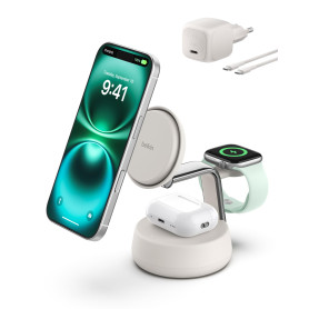 Belkin UltraCharge Pro 3 en 1 Chargeur Induction Qi2 25W, Station de Charge pour iPhone 17, iPhone Air, Apple Watch, AirPods, Pi