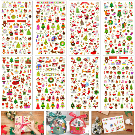 8 feuilles Gommettes Noël Enfants Autocollants, MOKIU Stickers de Noël Stickers à paillettes Stickers de Noël papeterie pour Déc