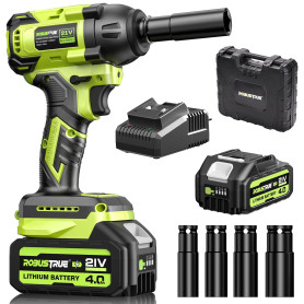 Robustrue Clé à choc sans fil Couple maxi 550N.m, batterie 4000mAh Li-Ion avec chargeur rapide, moteur brushless 21V Clé à choc 