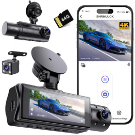 SHRINLUCK X5 4K WiFi Dashcam Voiture Avant Arrière Intérieur, Carte SD 64G, 2160P+1080P+1080P FHD 3 Canaux Dash Cam,Camera Voitu