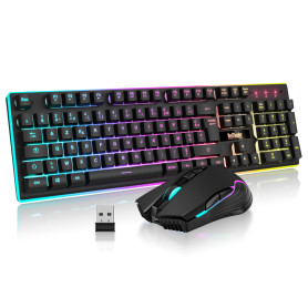 RedThunder K10 Ensemble Clavier et Souris Gaming sans Fil, AZERTY FRANÇAIS, Rétroéclairage LED 3800mAh Batteries Rechargeables, 