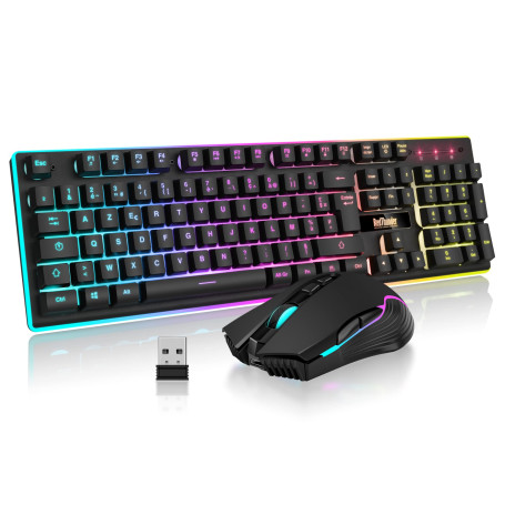 RedThunder K10 Ensemble Clavier et Souris Gaming sans Fil, AZERTY FRANÇAIS, Rétroéclairage LED 3800mAh Batteries Rechargeables, 