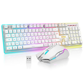 RedThunder K10 Ensemble Clavier et Souris sans Fil Gamer Rétroéclairé, AZERTY FRANÇAIS, 2,4 GHz Connexion + 3800mAh Batteries Re