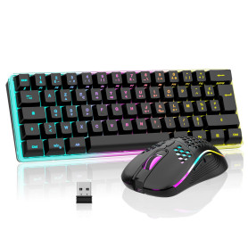 RedThunder K62 60% Clavier et Souris de Jeu sans Fil RVB，AZERTY FRANÇAIS 62 Touches Mini-Clavier Rétroéclairé Ultra-Compact，Sour