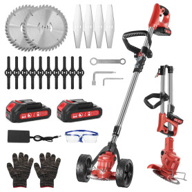 Ykall Débroussailleuse Électrique sans Fil 21V avec Roues – Coupe-Bordure Léger et Pliable, 3 Types de Lames, 2 Batteries 4.0Ah,
