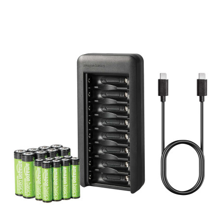 Amazon Basics Lot de 8 piles rechargeables NiMh AAA 800 mAh + lot de 8 piles rechargeables NiMh AA 2000 mAh, avec chargeur de pi