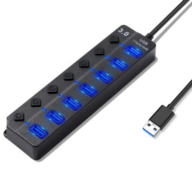 Hoppac Hub 7 en 1 Multiprise avec USB 3.0 Et 2.0, Port Multiple pour PC, Transfert De Données Et Recharge, Interrupteur Et Lumiè
